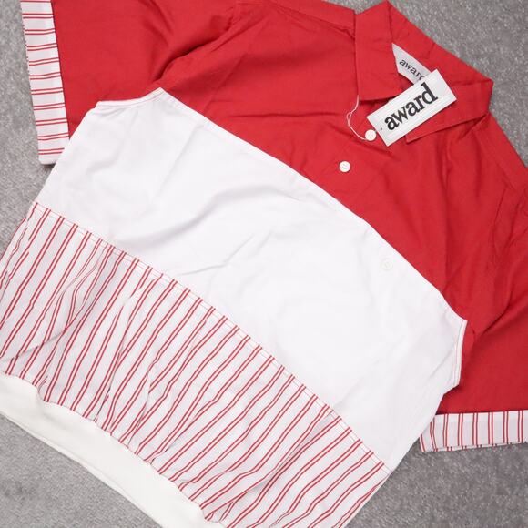 VTG 80s 90s Award Deadstock Medium Red White Striped Short Sleeve Collared Shirt - Picture 7 of 9